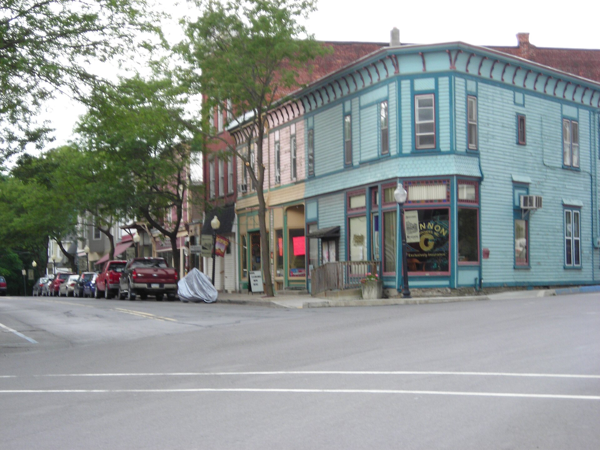 Downtown Wylausing, Pennsylvania showing Victorian buildings. Corner of Church and Main looking south — Wyalusing, Pennsylvania