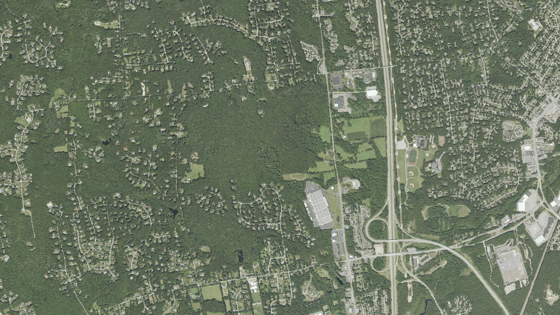 Natural-color aerial photograph of land around East Greenwich, Rhode Island