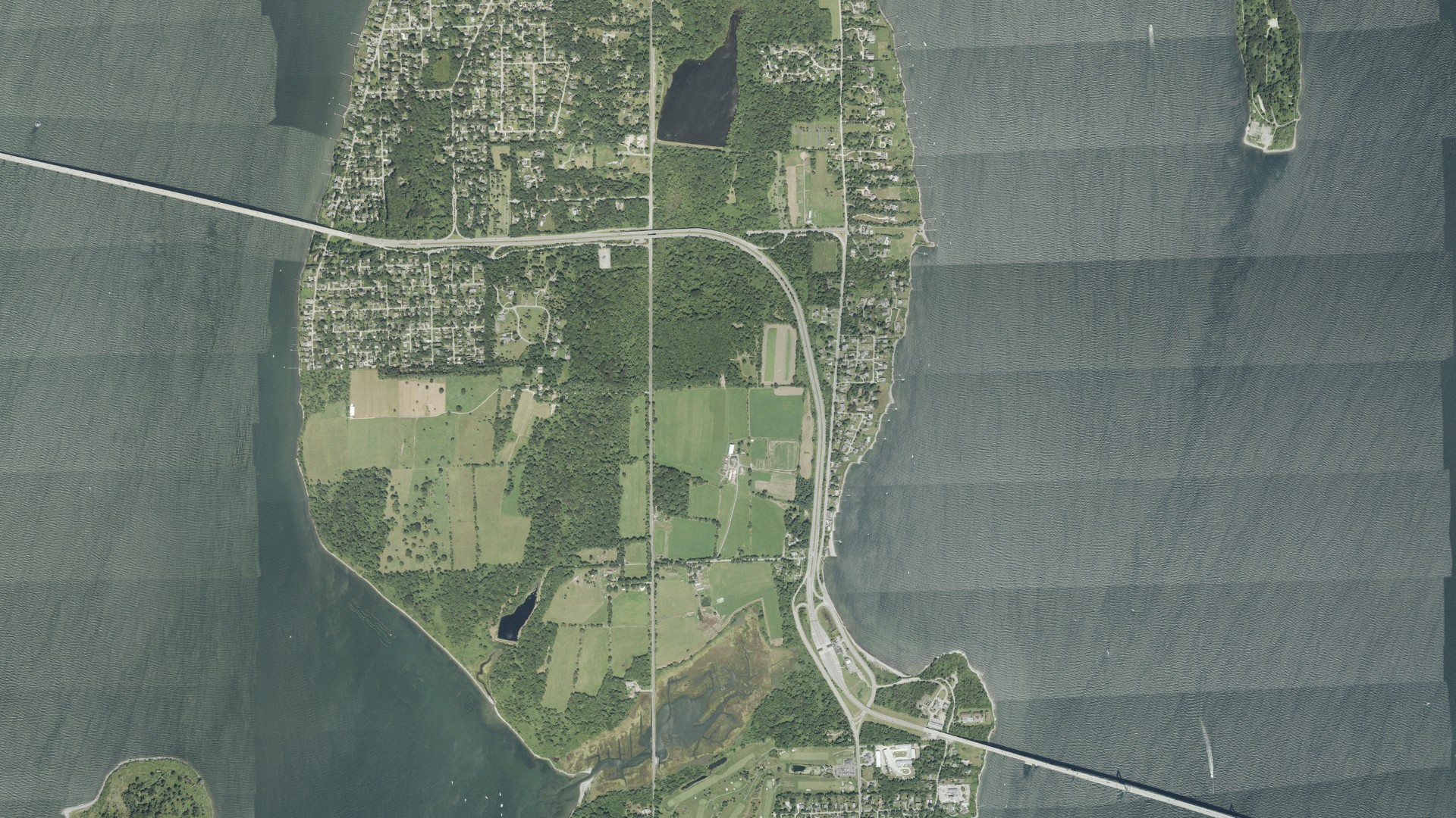 Natural-color aerial photograph of land around Jamestown, Rhode Island