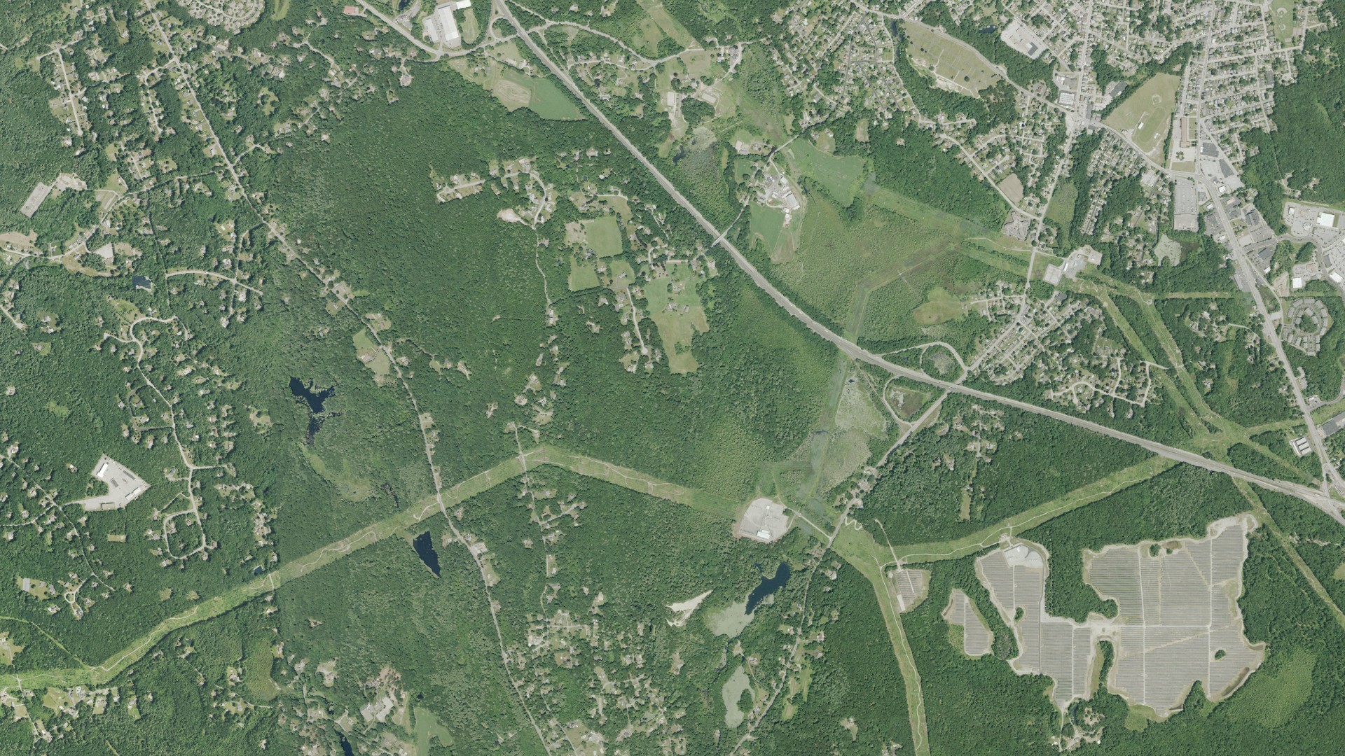 Natural-color aerial photograph of land around North Smithfield, Rhode Island