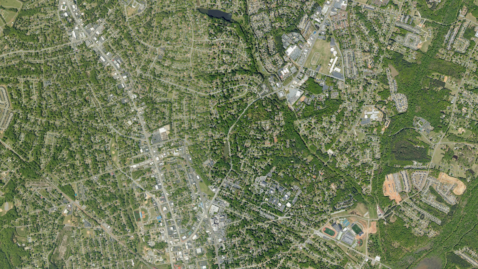 Natural-color aerial photograph of land around Anderson, South Carolina