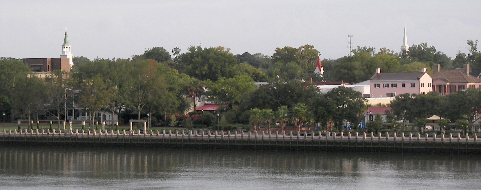 Downtown Beaufort, South Carolina. The Henry Chambers Waterfront Park is shown, along with several buildings along Bay Street, Beaufort's commercial core.
