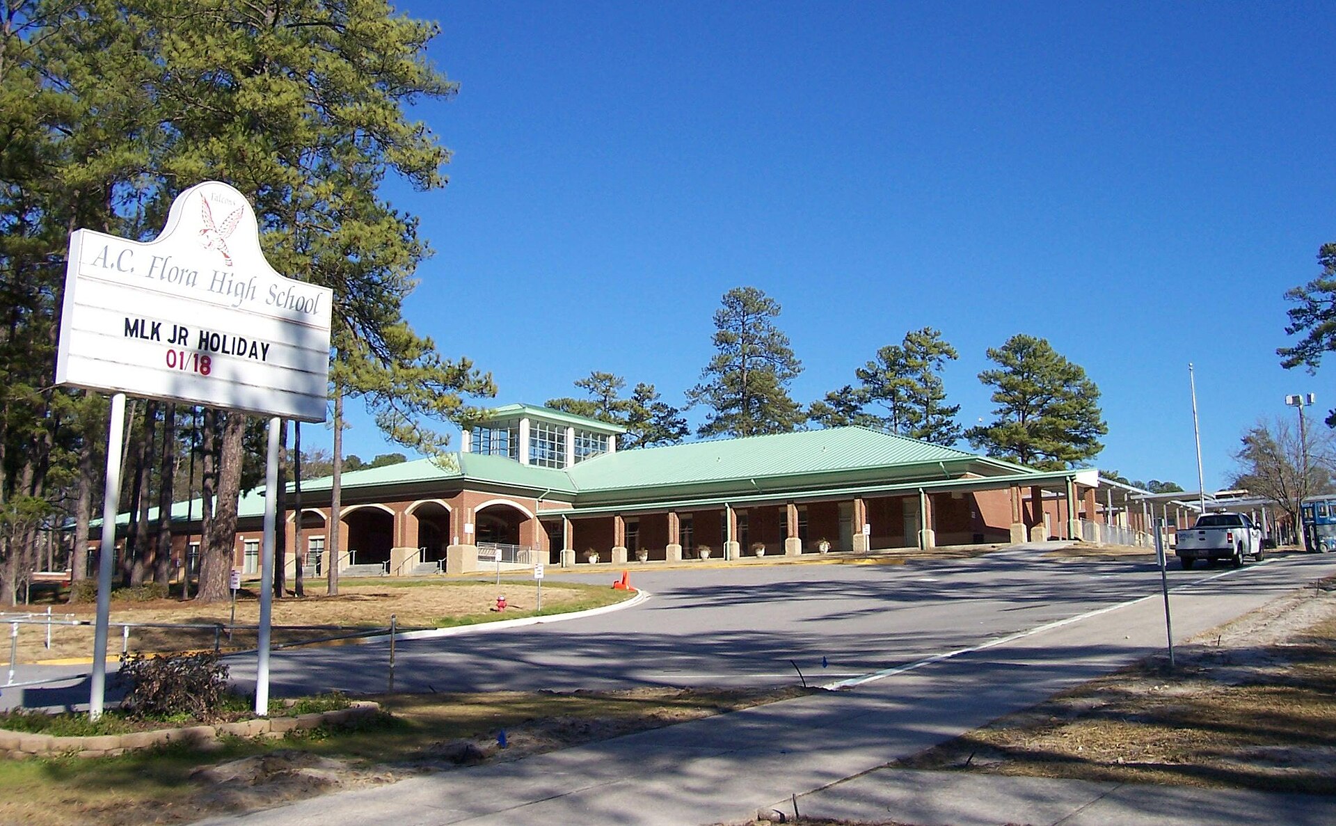 A.C. Flora High School in Forest Acres, South Carolina, sign visible.