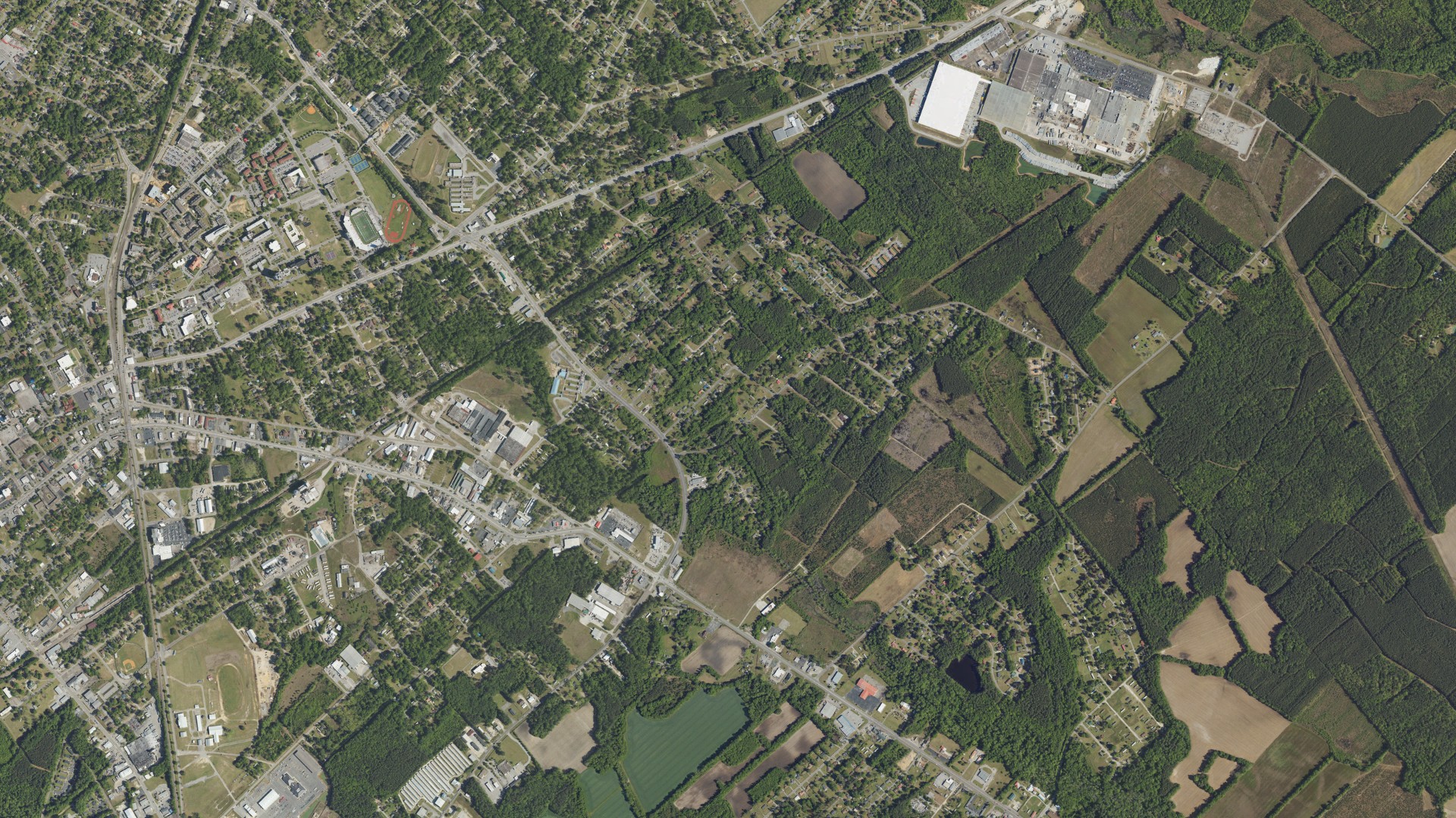 Natural-color aerial photograph of land around Wilkinson Heights, South Carolina