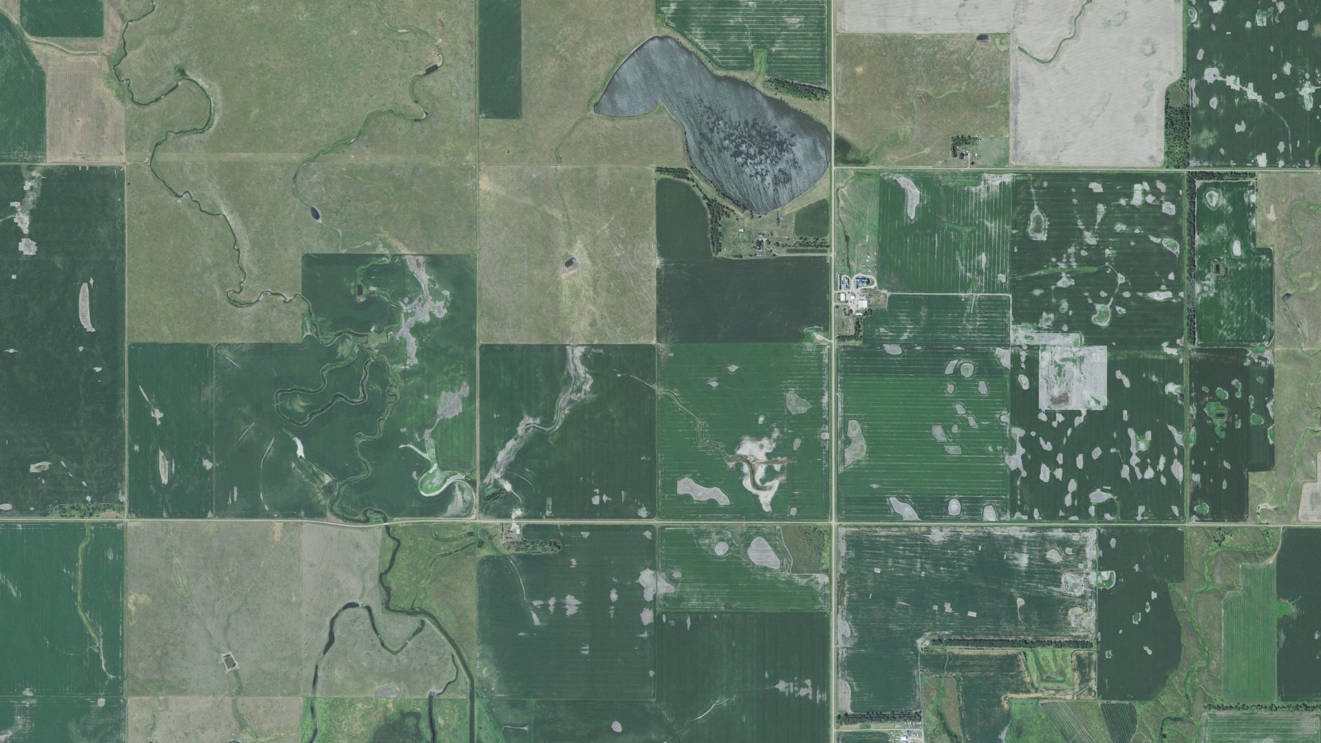 Aerial view of land around Lake Byron, South Dakota