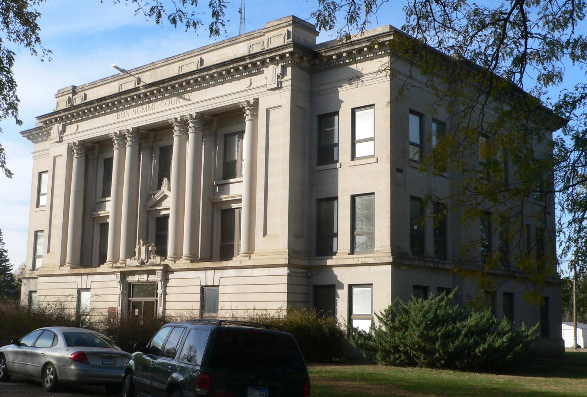 Bon Homme County courthouse, located on north side of 18th Avenue between Holly and Ivy Streets in Tyndall, South Dakota; seen from the southeast.