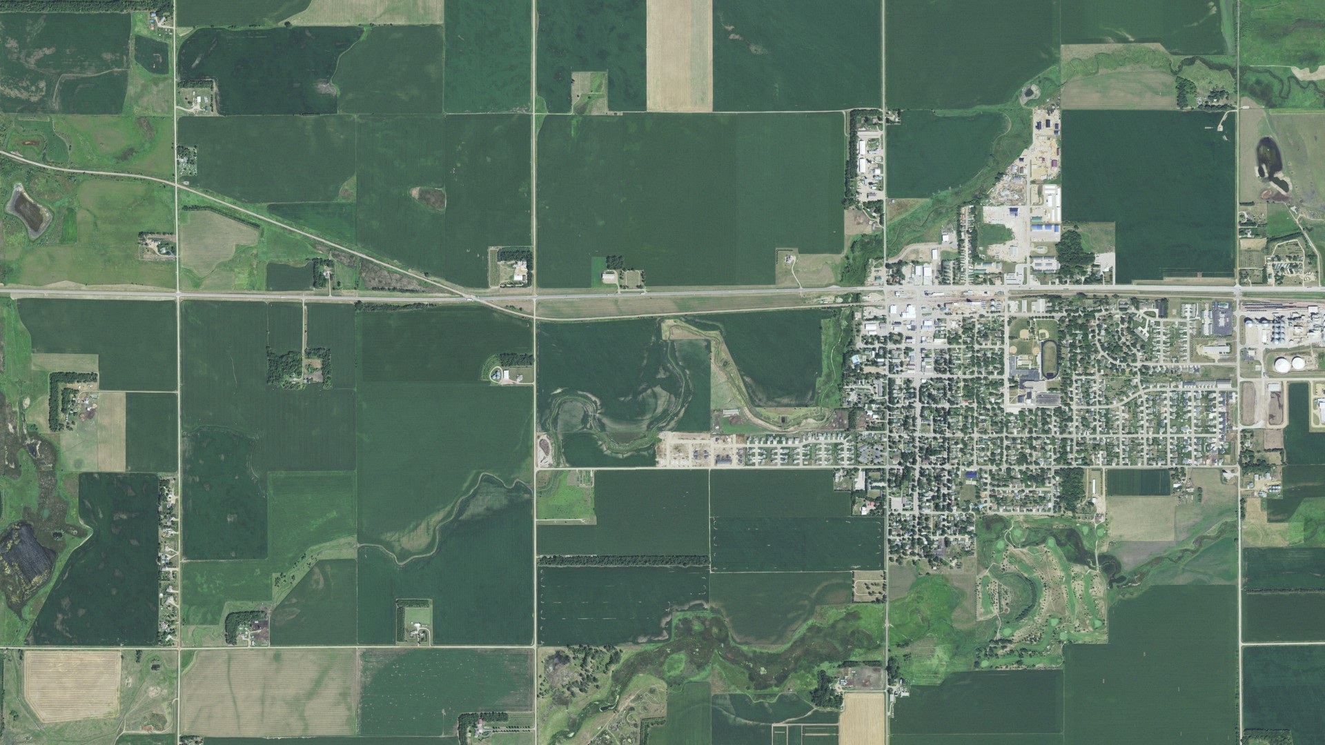 Natural-color aerial photograph of land around Volga, South Dakota