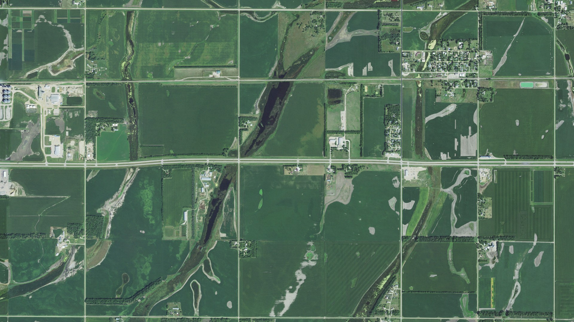 Aerial view of land around Bath, South Dakota