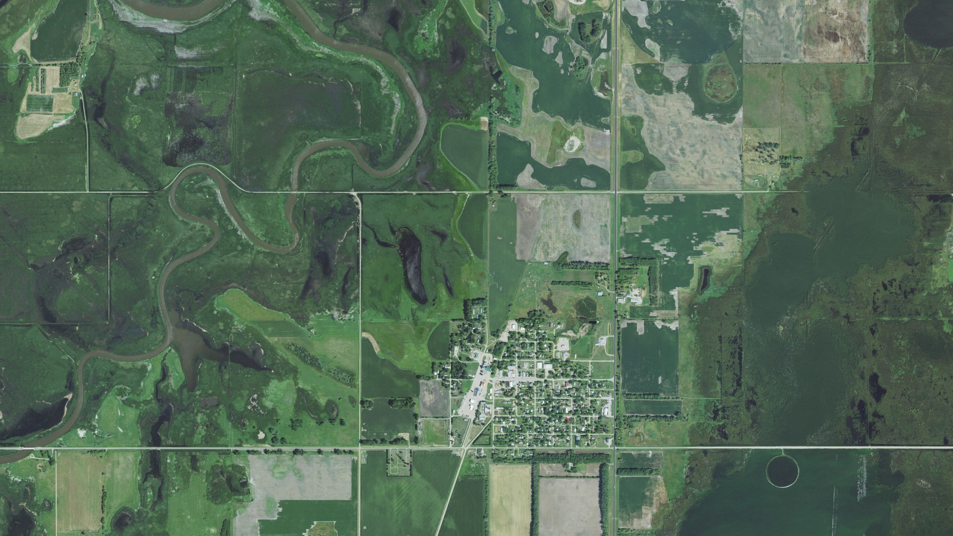 Aerial view of land around Hecla, South Dakota