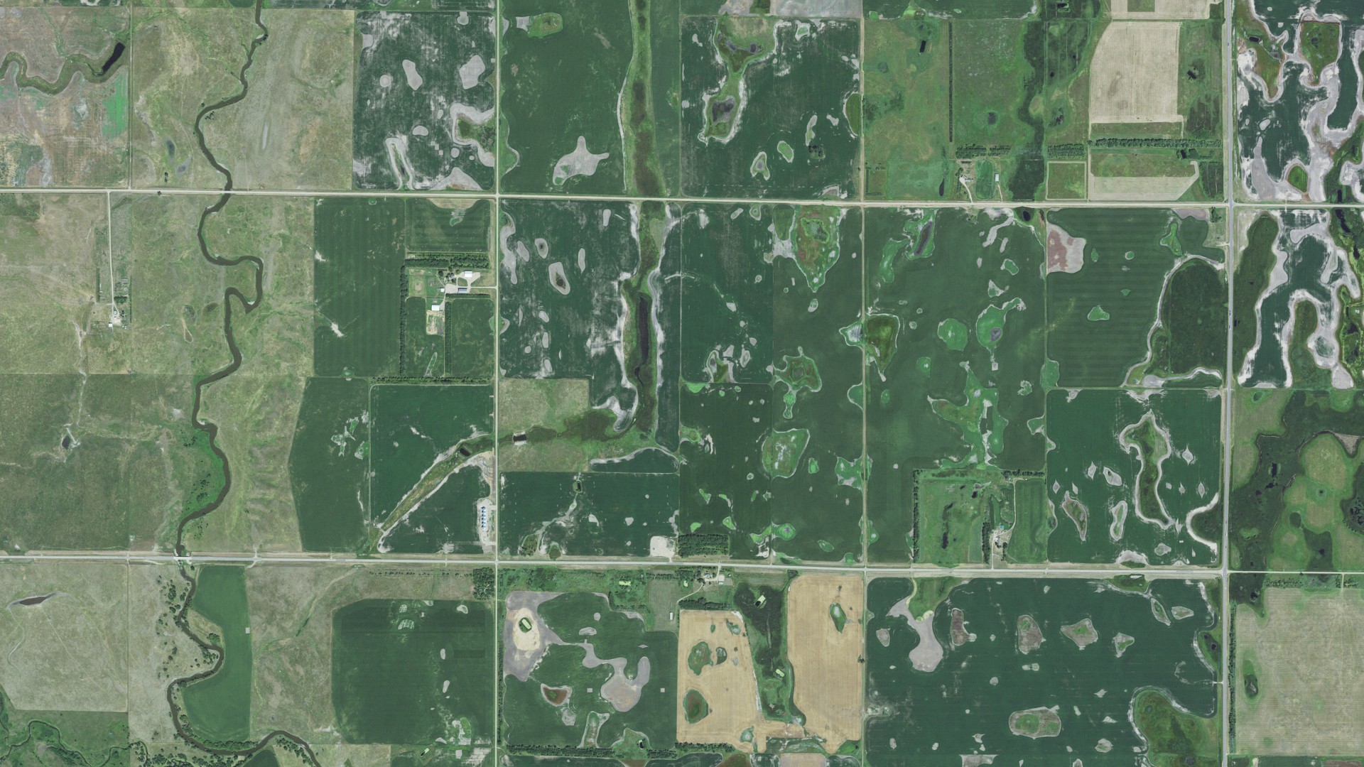 Natural-color aerial photograph of land around Oneota, South Dakota