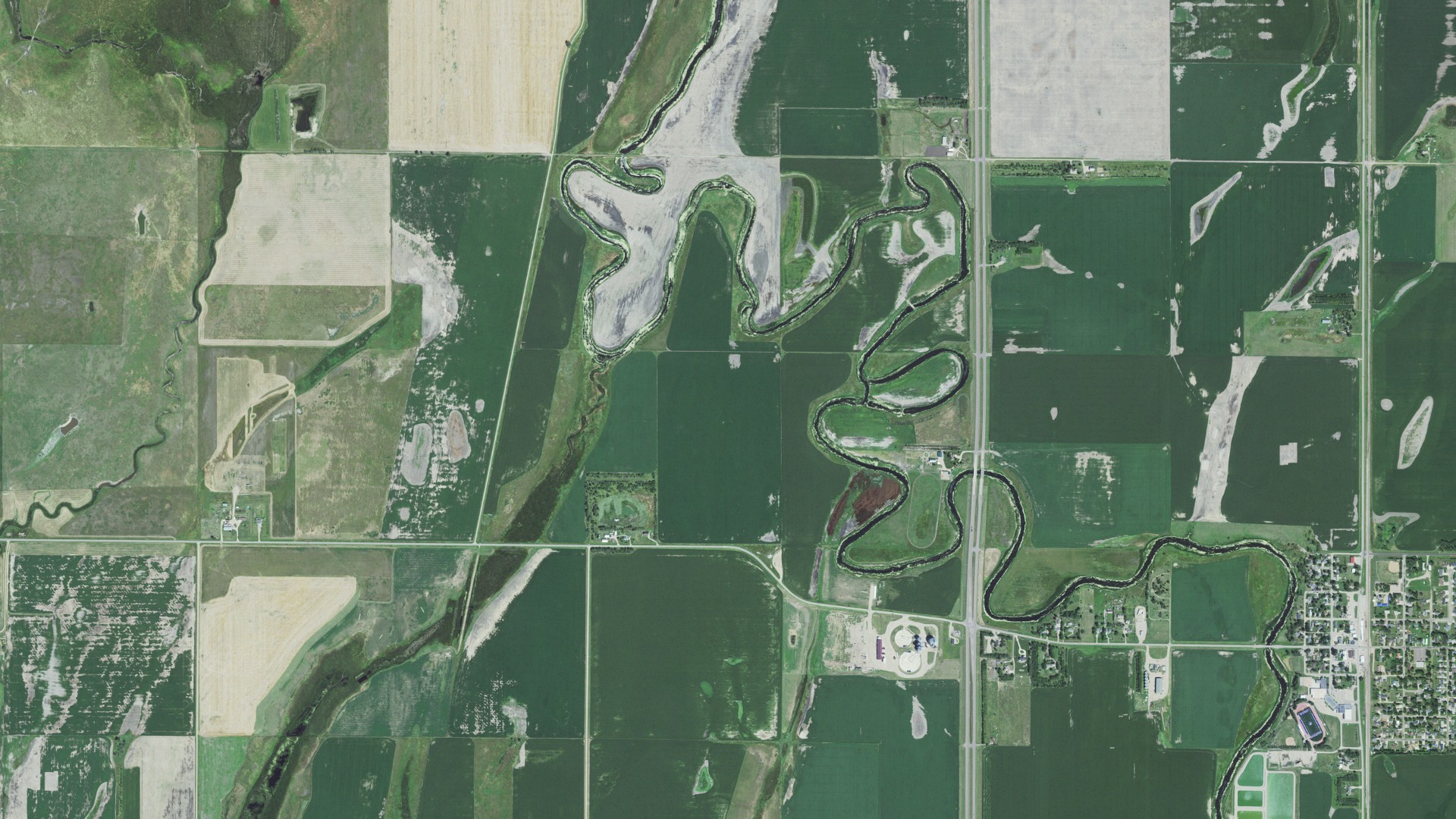 Aerial view of land around Warner, South Dakota
