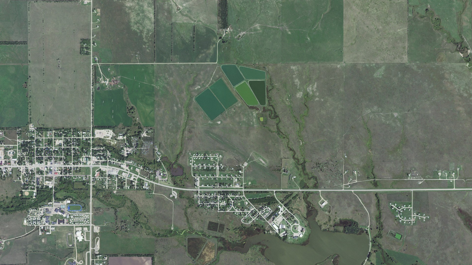 Natural-color aerial photograph of land around Antelope, South Dakota