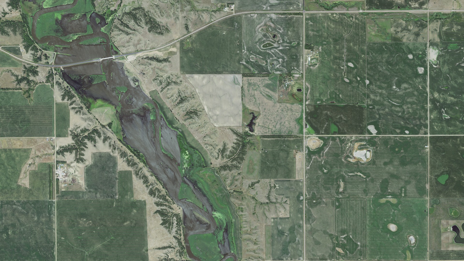 Aerial view of land around Beulah, South Dakota