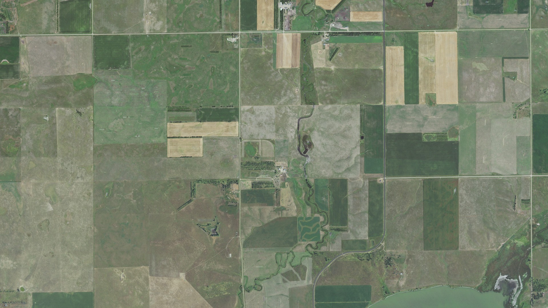 Natural-color aerial photograph of land around Crow Lake, South Dakota