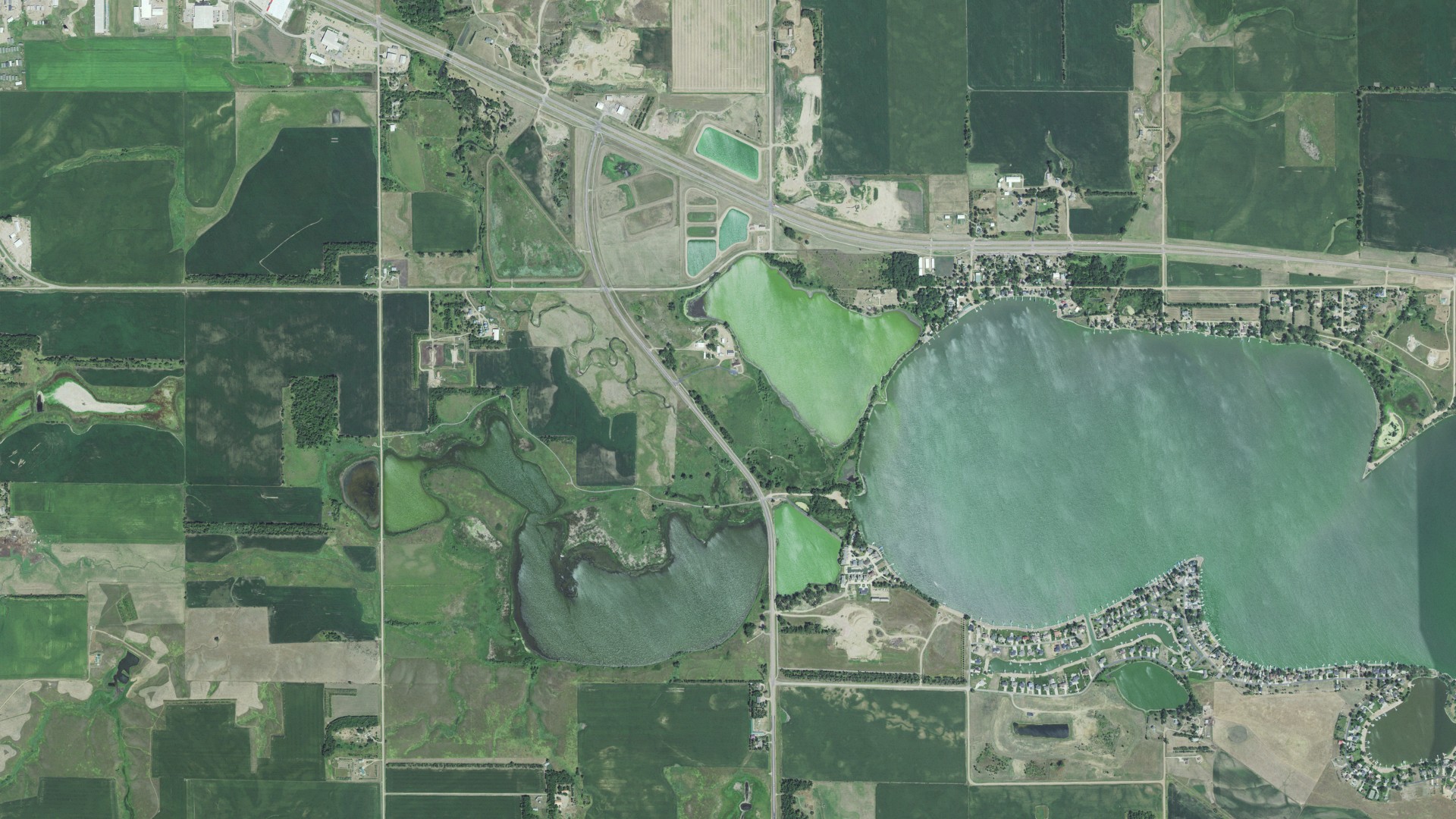 Natural-color aerial photograph of land around Lake View, South Dakota