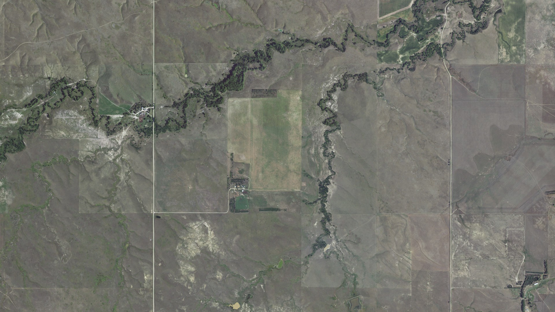 Aerial view of land around Running Bird, South Dakota