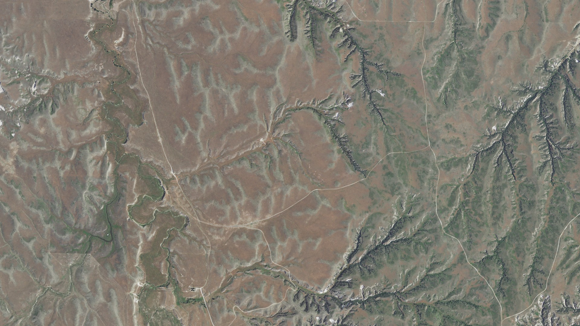 Natural-color aerial photograph of land around Oglala Lakota County, South Dakota
