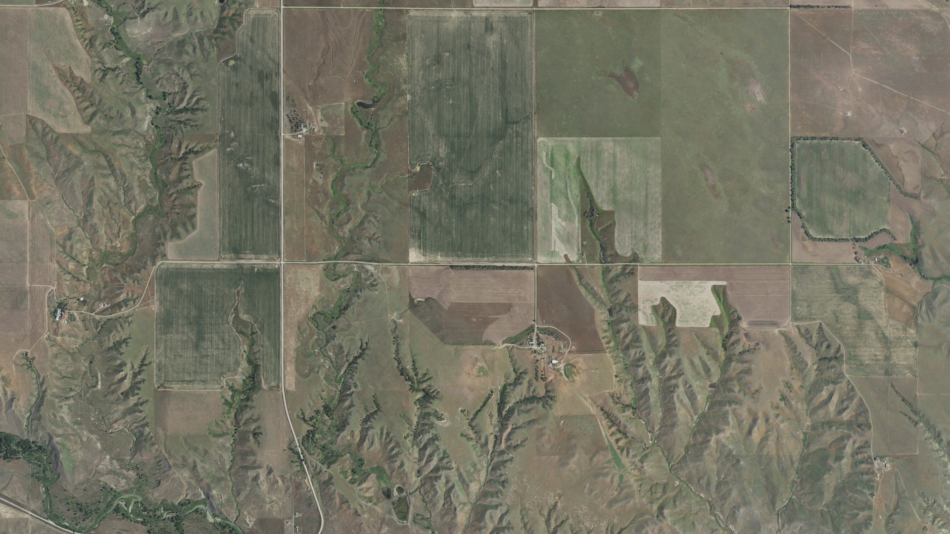 Aerial view of land around Owanka, South Dakota