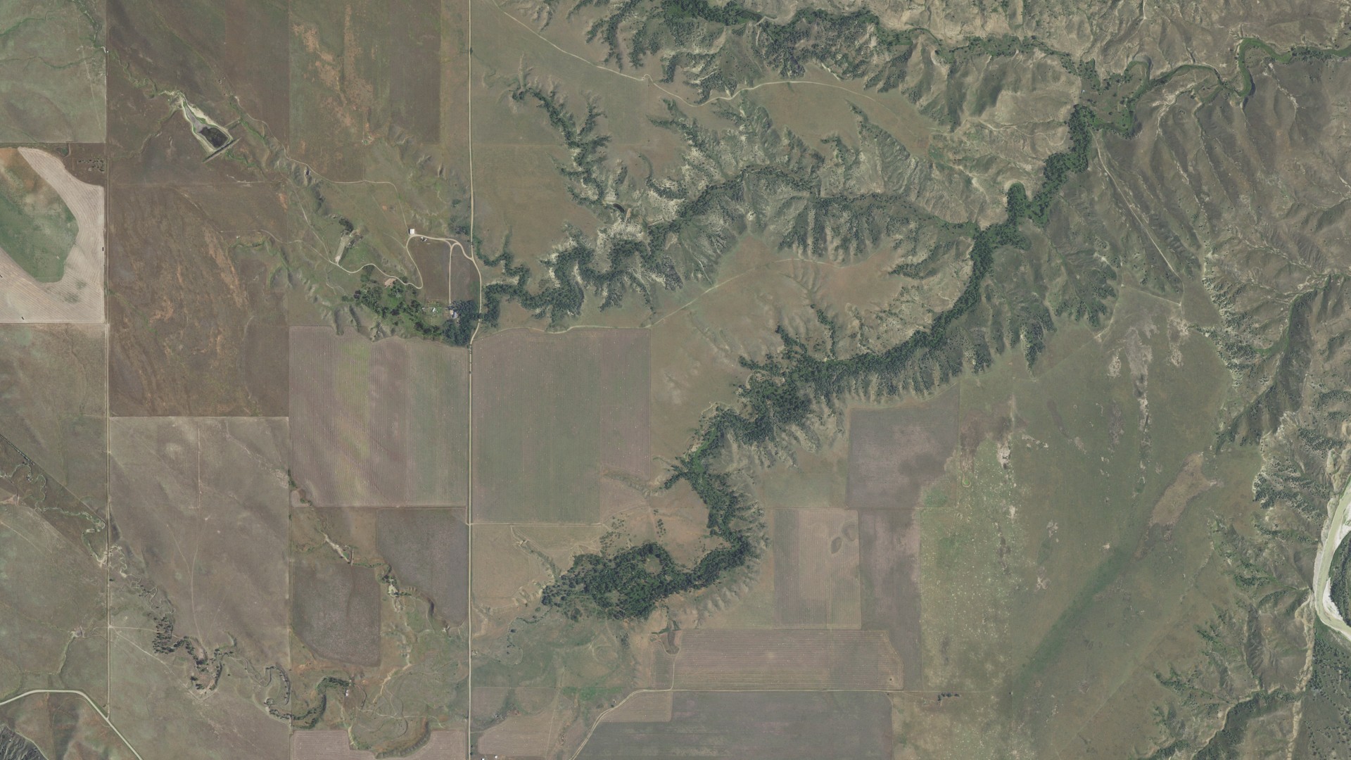 Aerial view of land around Shyne, South Dakota