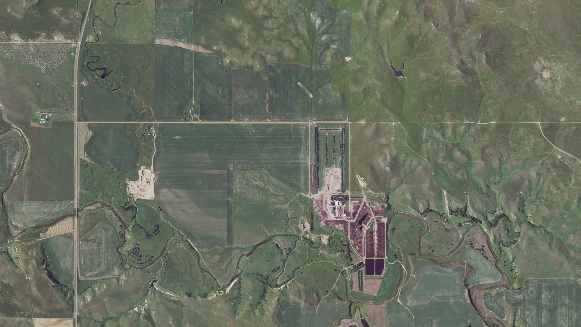 Aerial view of land around Grand River, South Dakota