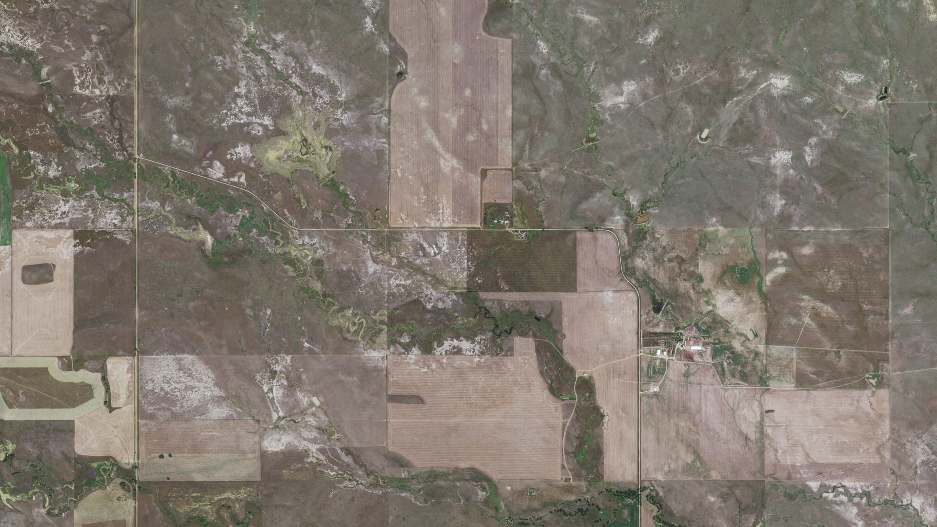 Aerial view of land around Wells, South Dakota