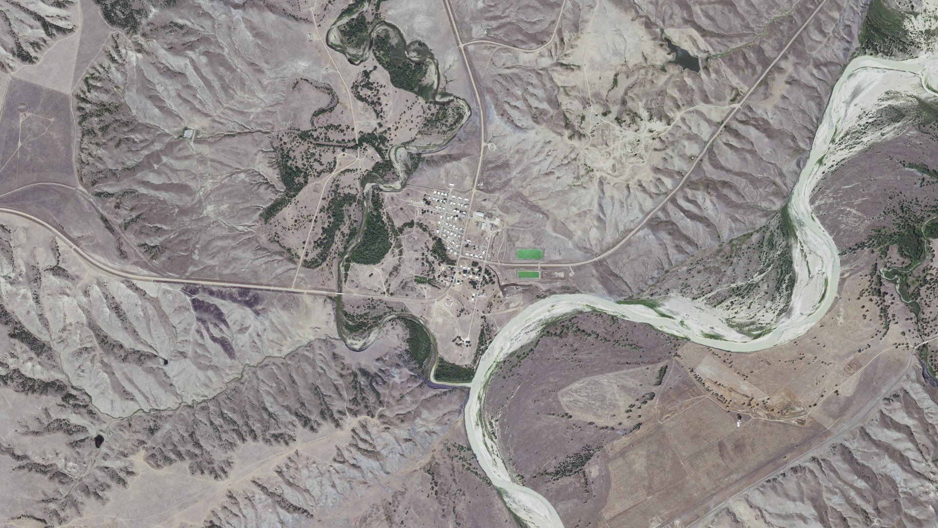 Natural-color aerial photograph of land around Cherry Creek, South Dakota
