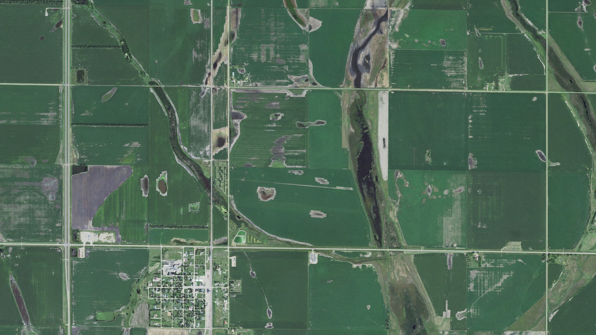 Aerial view of land around Mellette, South Dakota