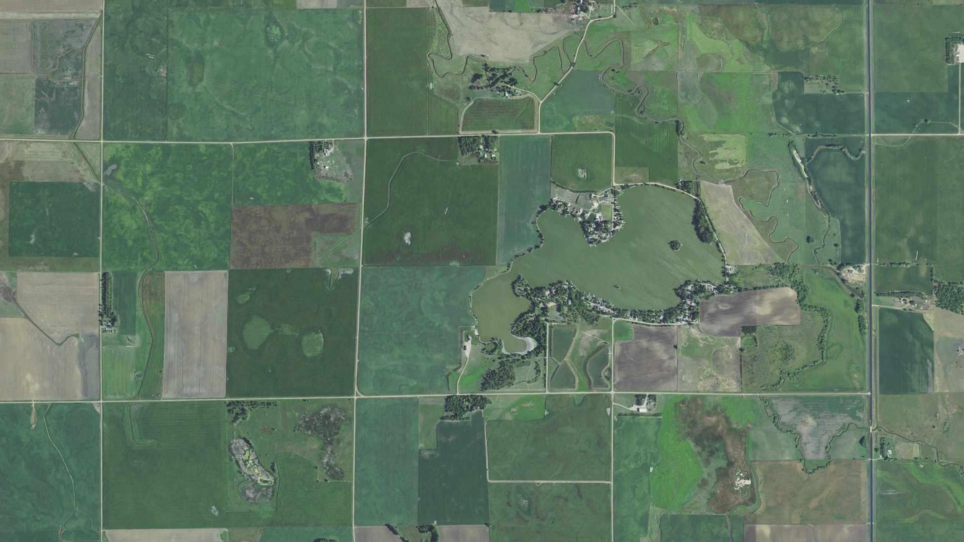 Aerial view of land around Swan Lake, South Dakota