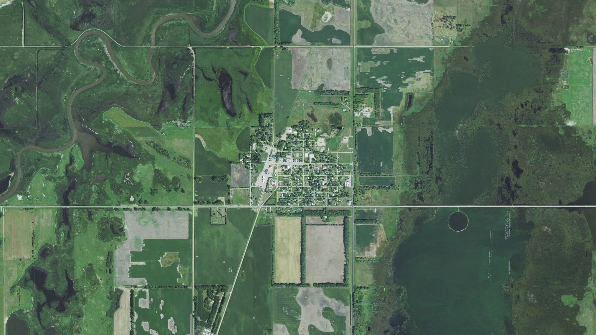 Aerial view of land around Hecla, South Dakota
