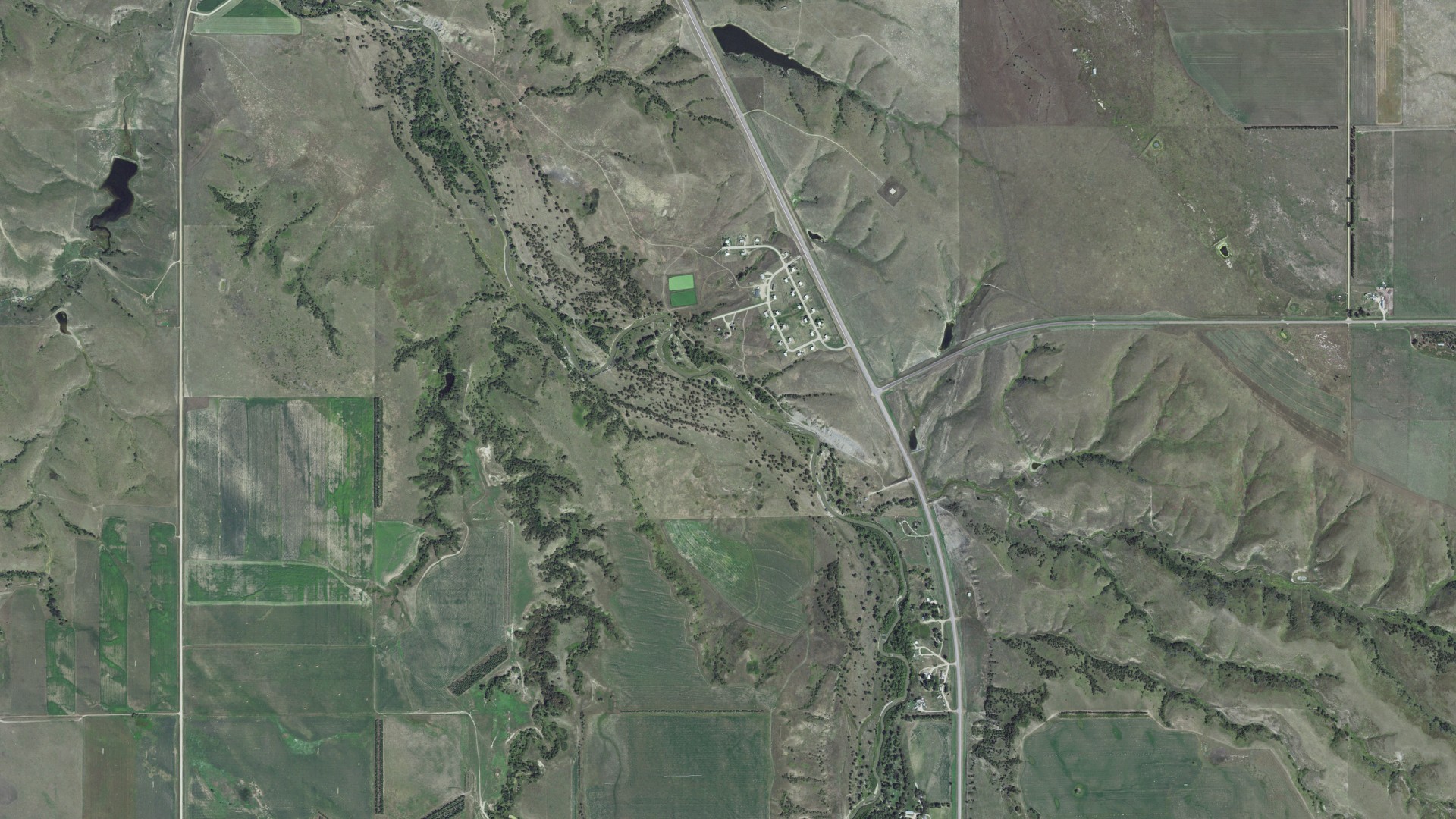 Aerial view of land around Horse Creek, South Dakota