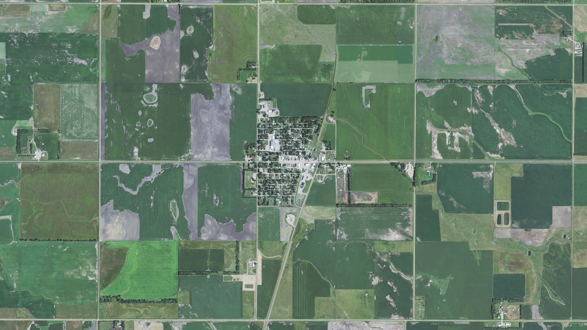 Natural-color aerial photograph of land around Langford, South Dakota