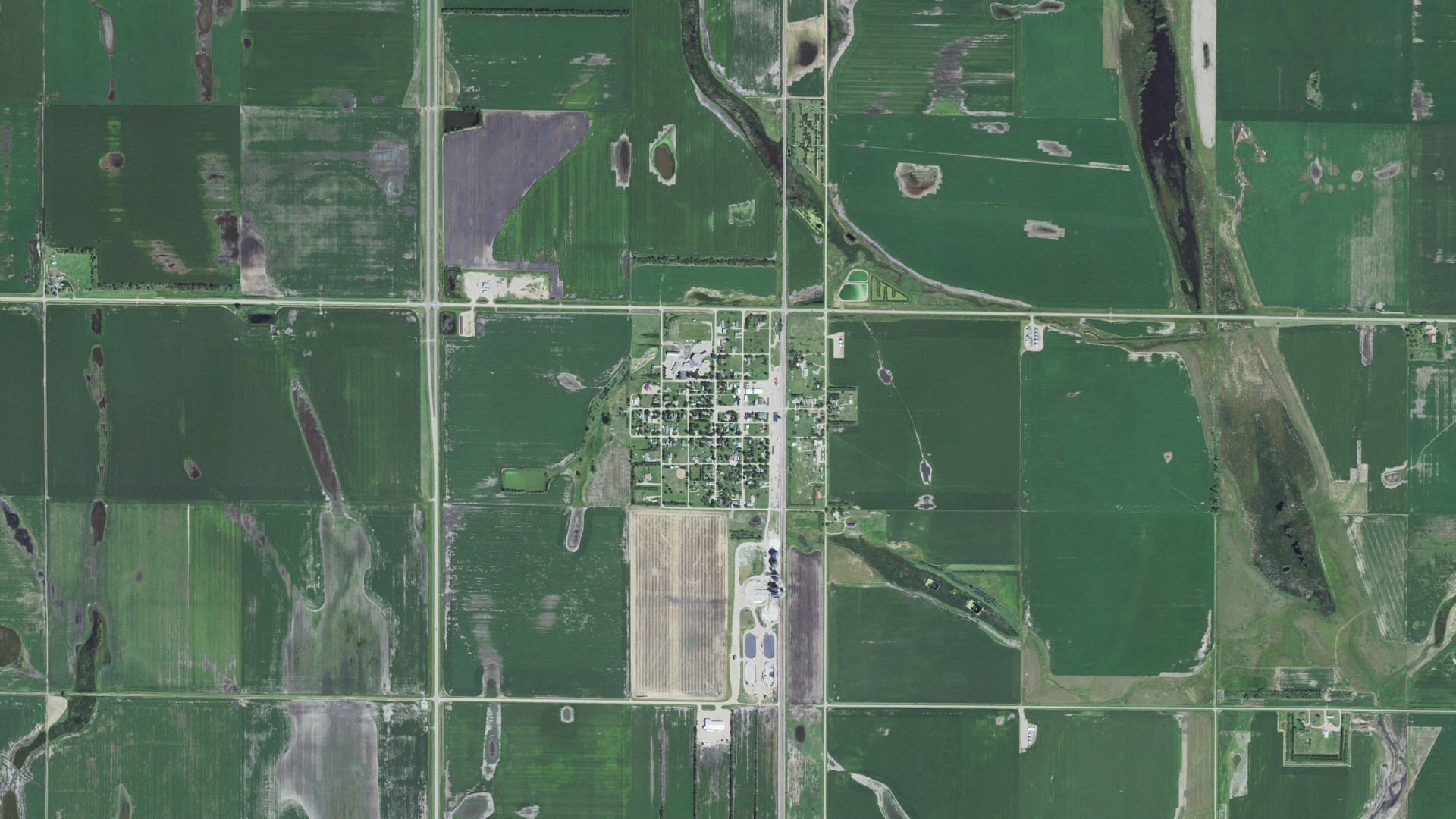 Aerial view of land around Mellette, South Dakota