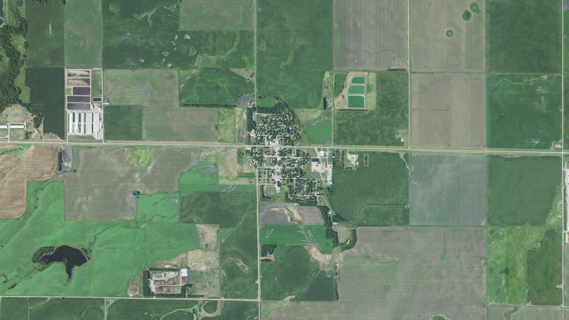 Aerial view of land around Veblen, South Dakota