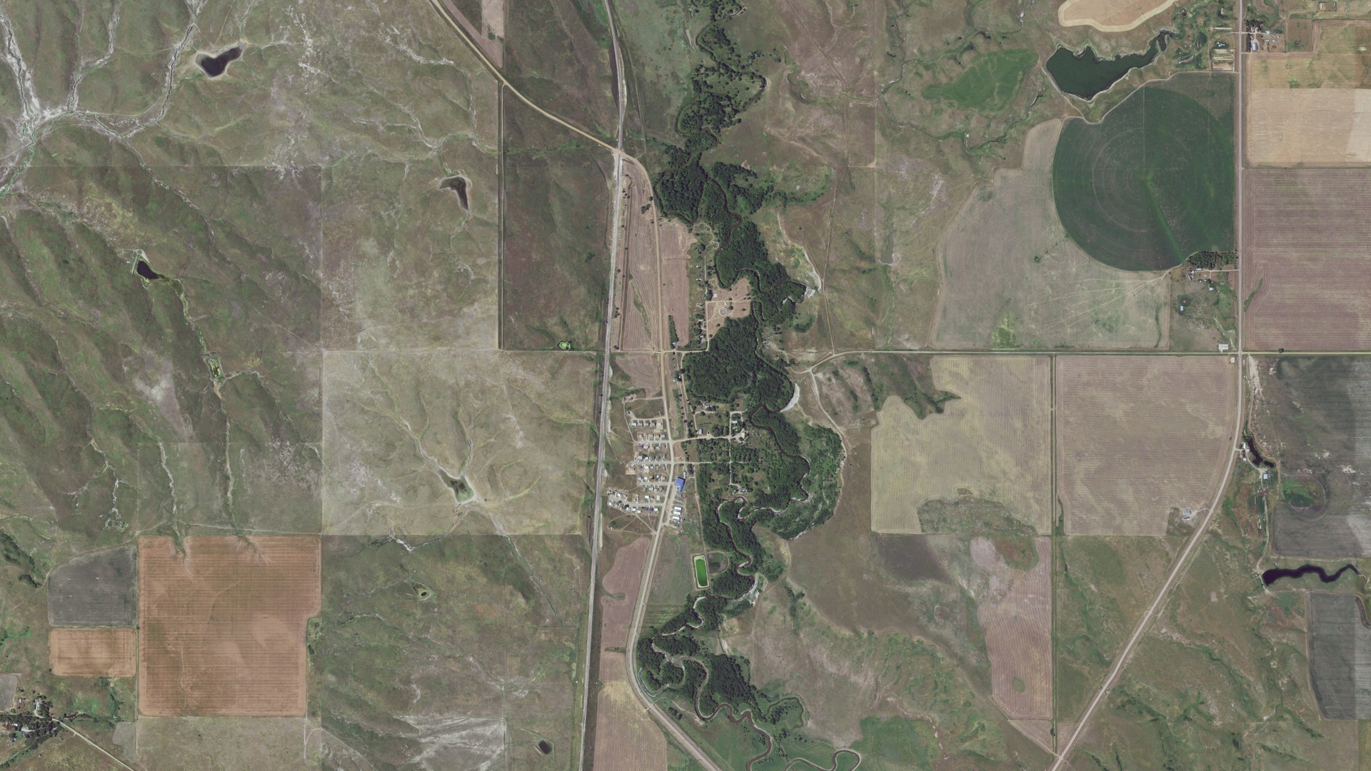 Natural-color aerial photograph of land around Wakpala, South Dakota
