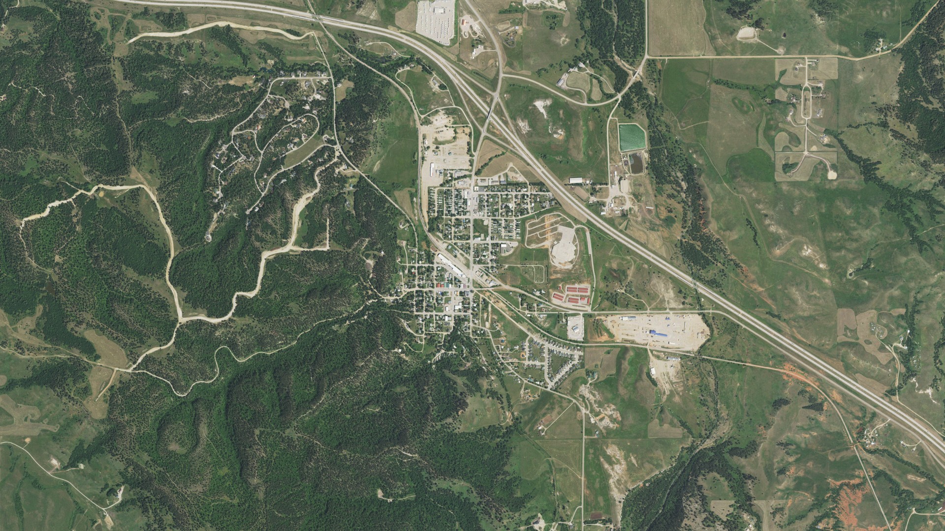Aerial view of land around Whitewood, South Dakota