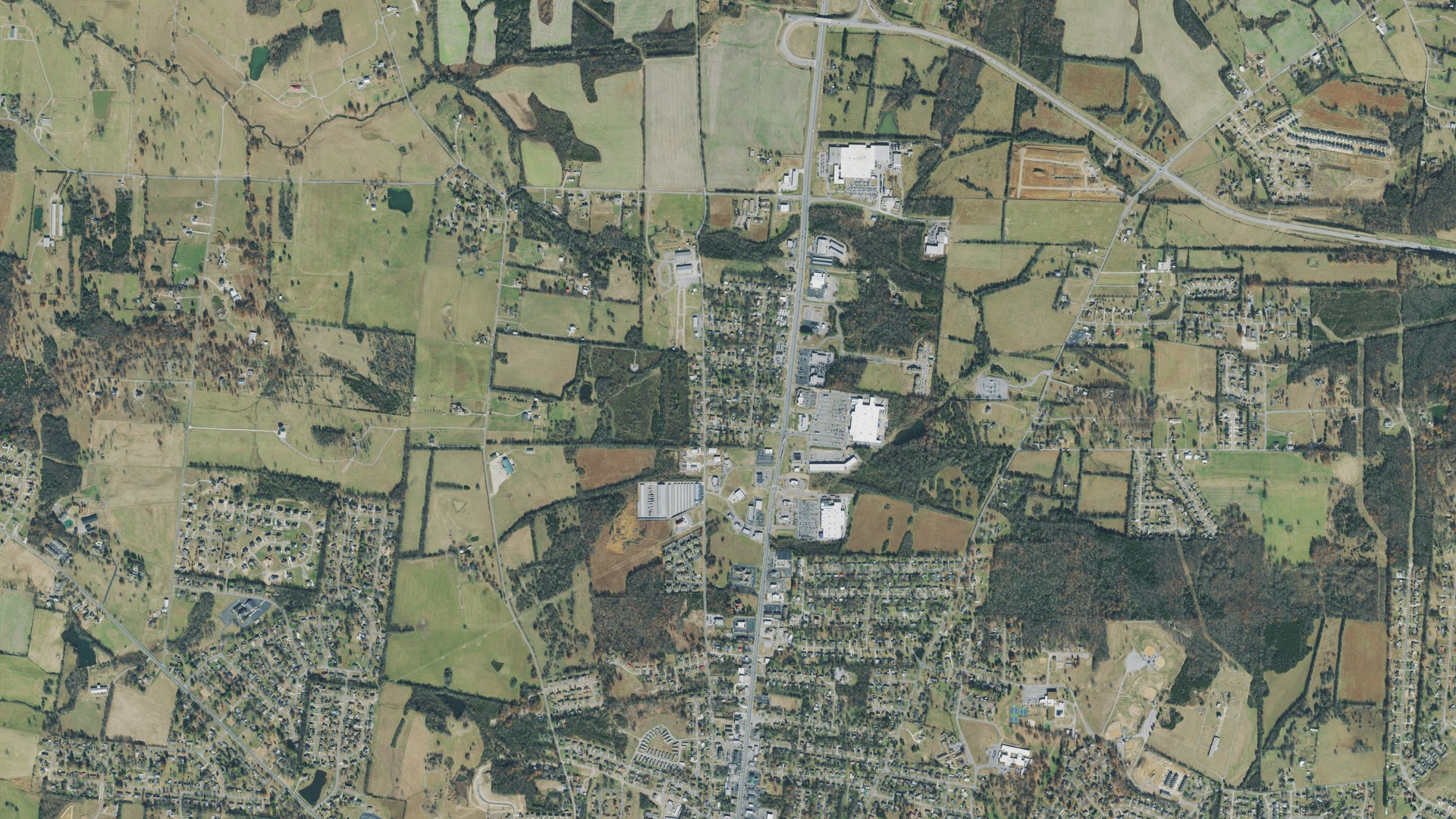 Natural-color aerial photograph of land around Bedford County, Tennessee
