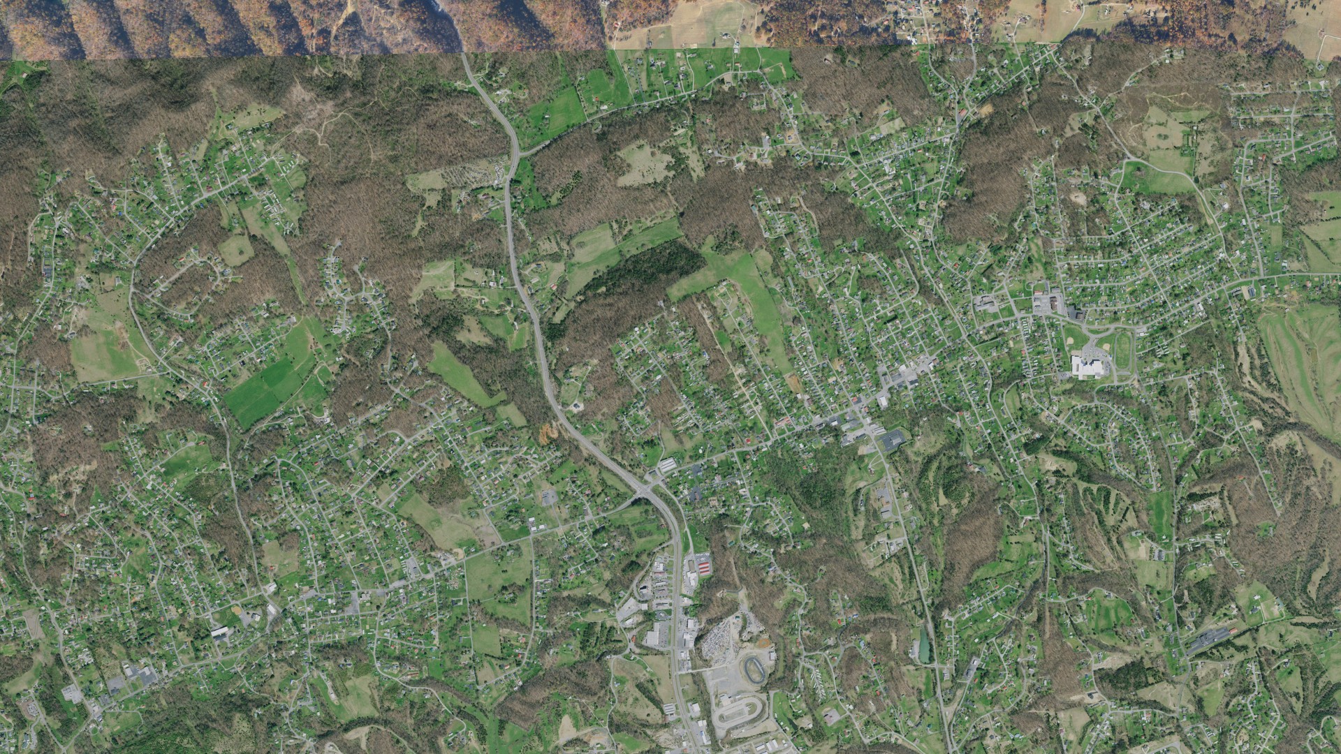 Natural-color aerial photograph of land around Bloomingdale, Tennessee