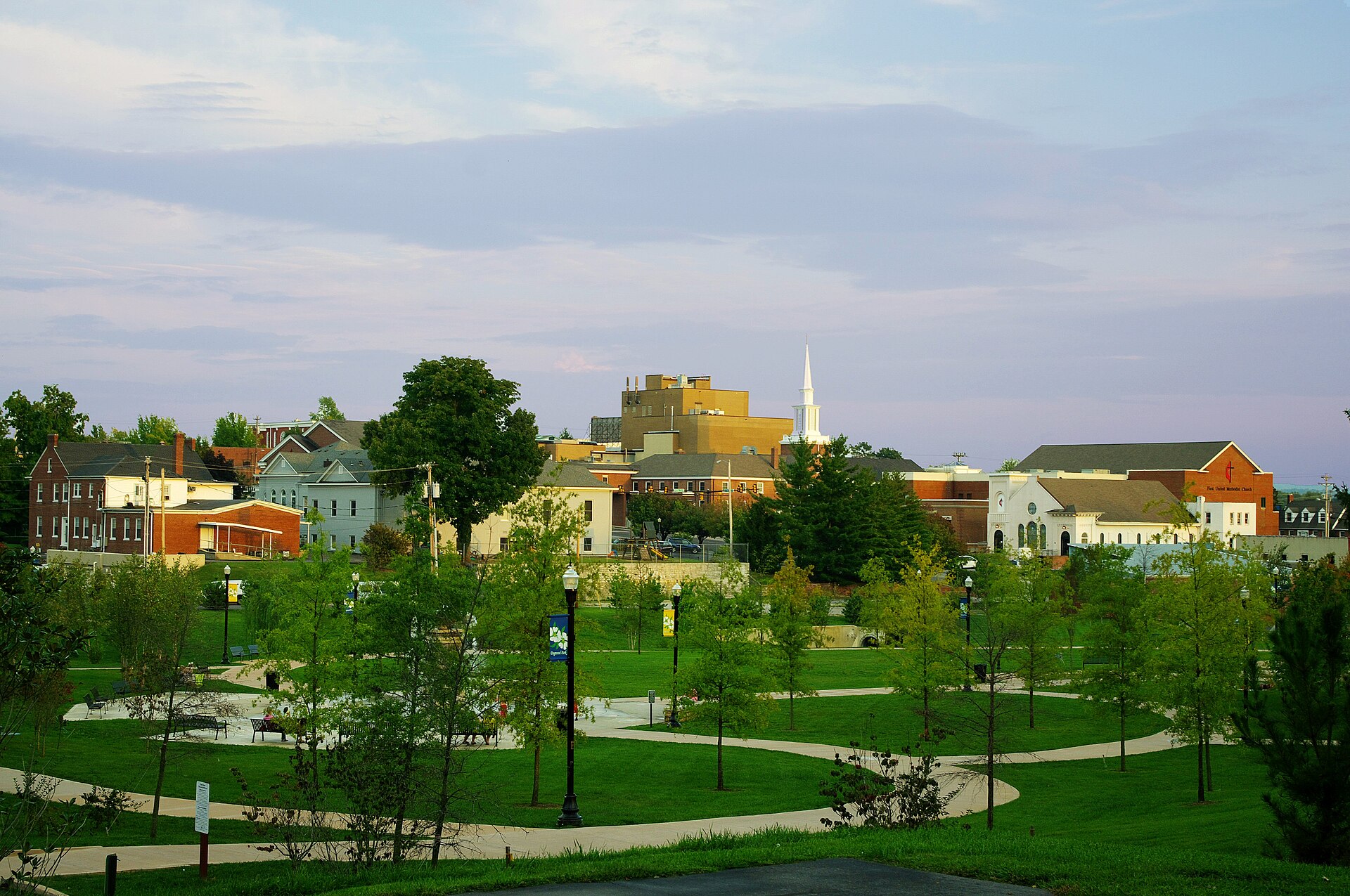 Cookeville, Tennessee, United States, viewed at sunset, looking east. Dogwood Park is in the foreground.