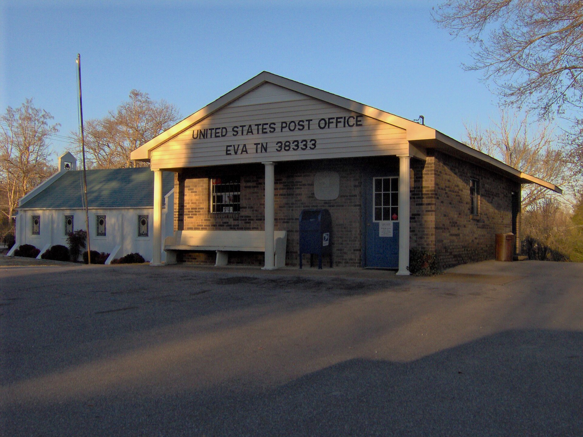 The Eva Post Office at the junction of Eva Beach Road and State Route 191 in Eva, Tennessee, in the southeastern United States.