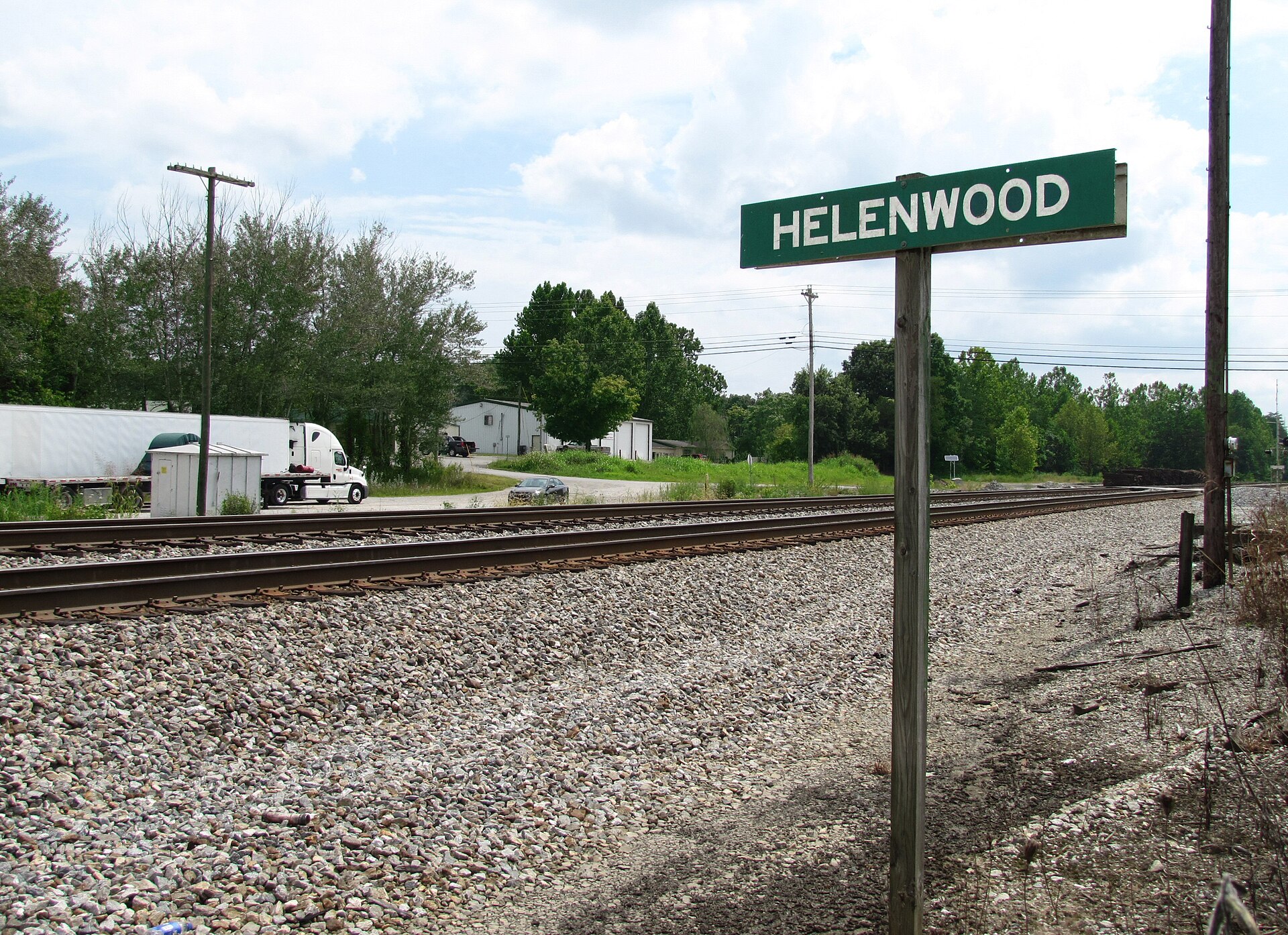 Railroad tracks in the Helenwood community of Scott County, Tennessee, United States. Main Street crosses the tracks in the distance, from left-to-right.