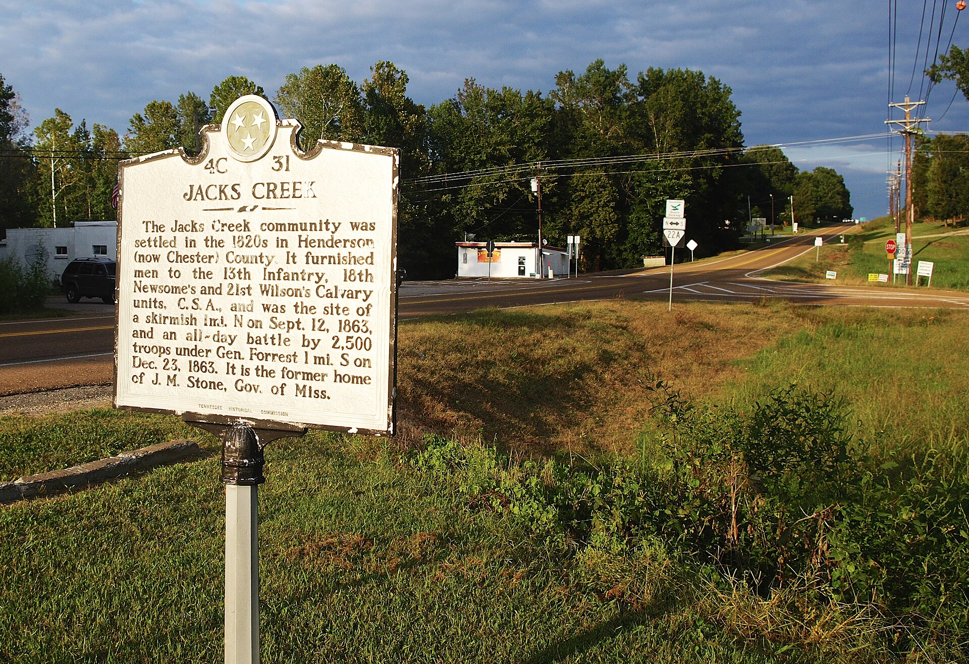 Tennessee Historical Commission marker along Tennessee State Route 100 in Jacks Creek, Tennessee, United States.