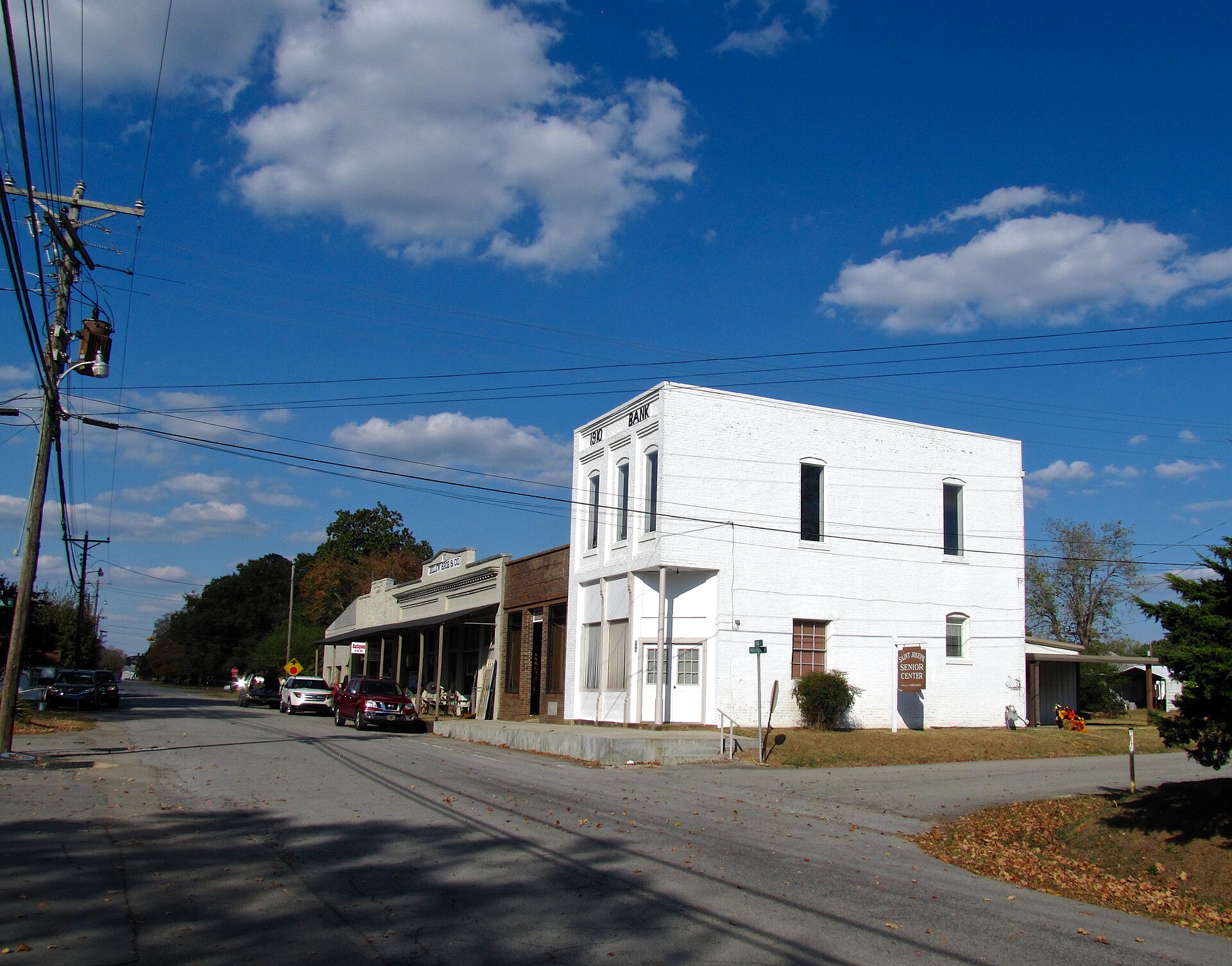 Former bank, now the St. Joseph Senior Center, and adjacent commercial block along Main Street in St. Joseph, Tennessee, United States.
