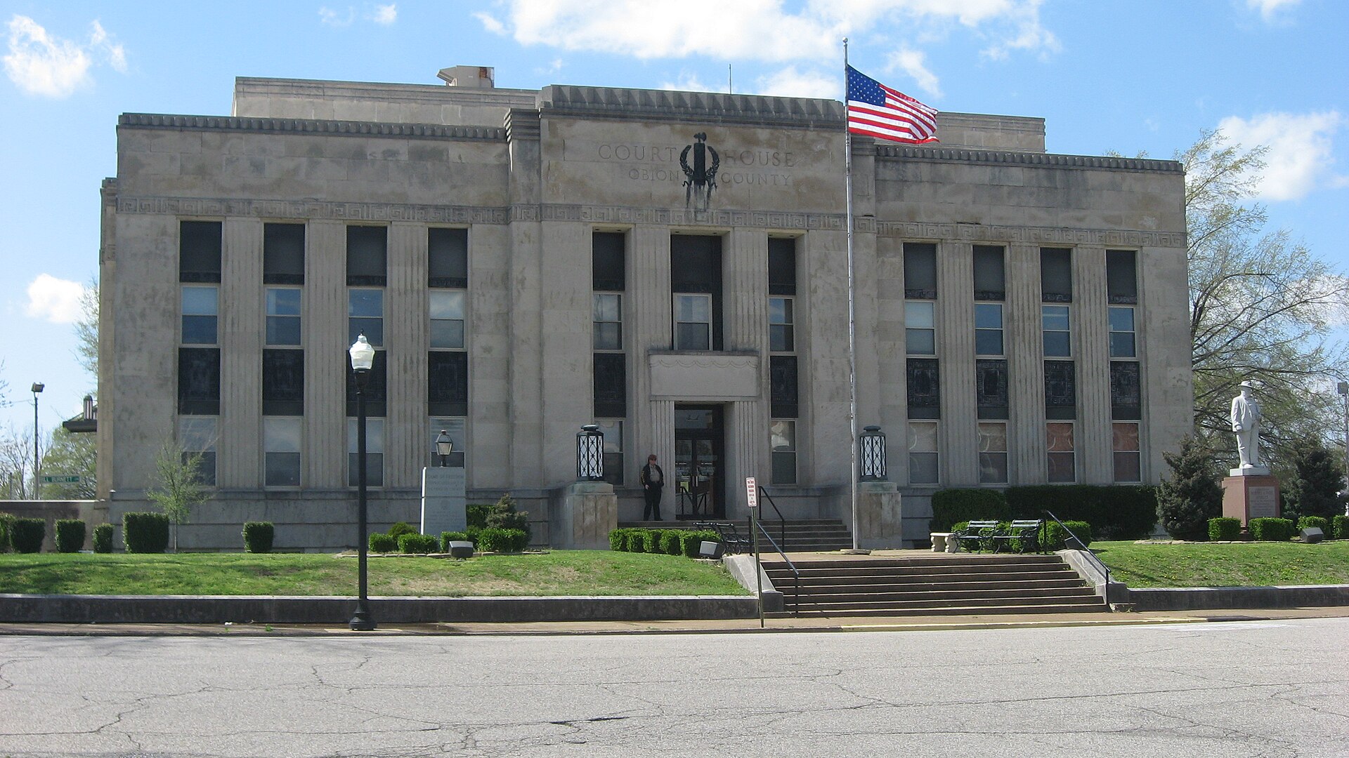 Front of the Obion County Courthouse, located at the junction of Third and Washington Streets in Union City, Tennessee, United States. Built in 1939, it is listed on the National Register of Historic Places.