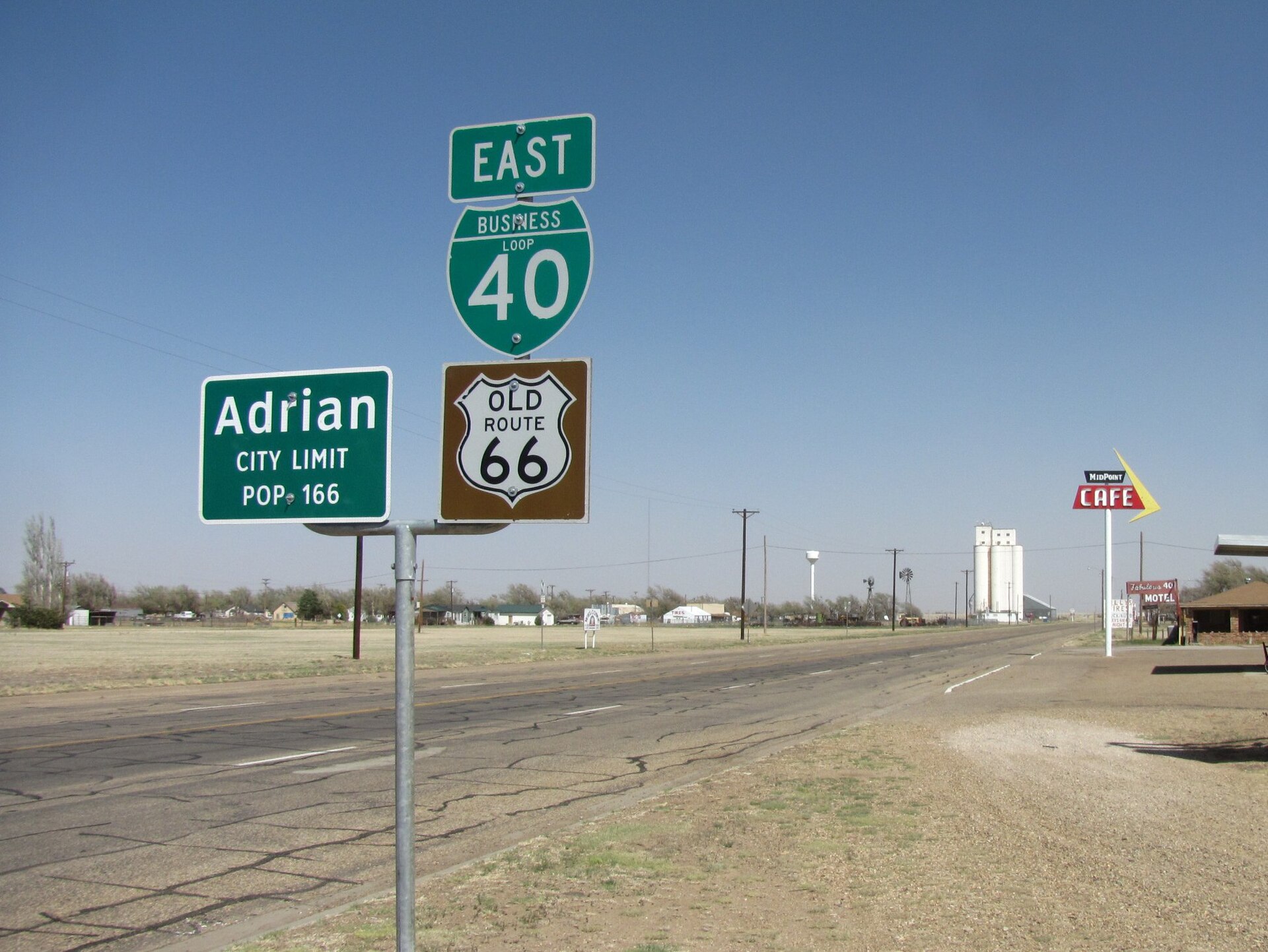 Old Route 66, Adrian Texas - Midpoint Cafe - branded as the midpoint of Route 66
