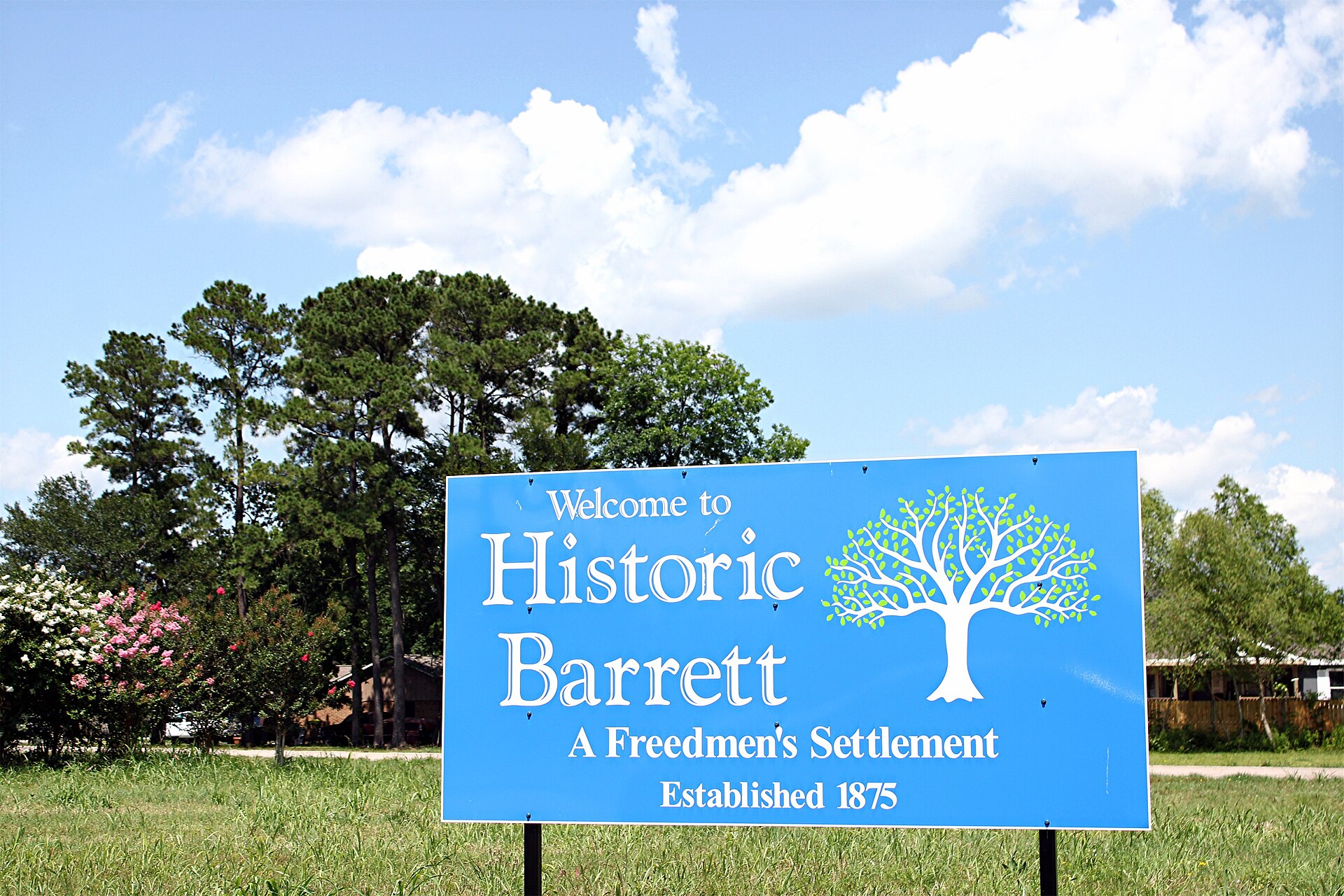 Barrett also known as Barrett Station or Barrett Settlement Historic Black Freedmen’s Settlement Established 1875 by former slave Harrison Barrett Barrett, TX 77532 Entrance sign to community near Highway 90. — Texas