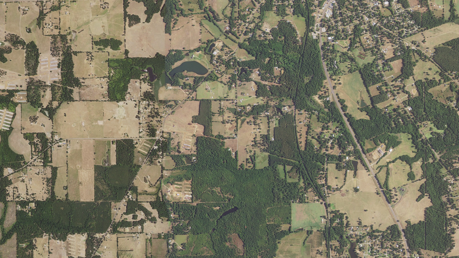Natural-color aerial photograph of land around Camp County, Texas