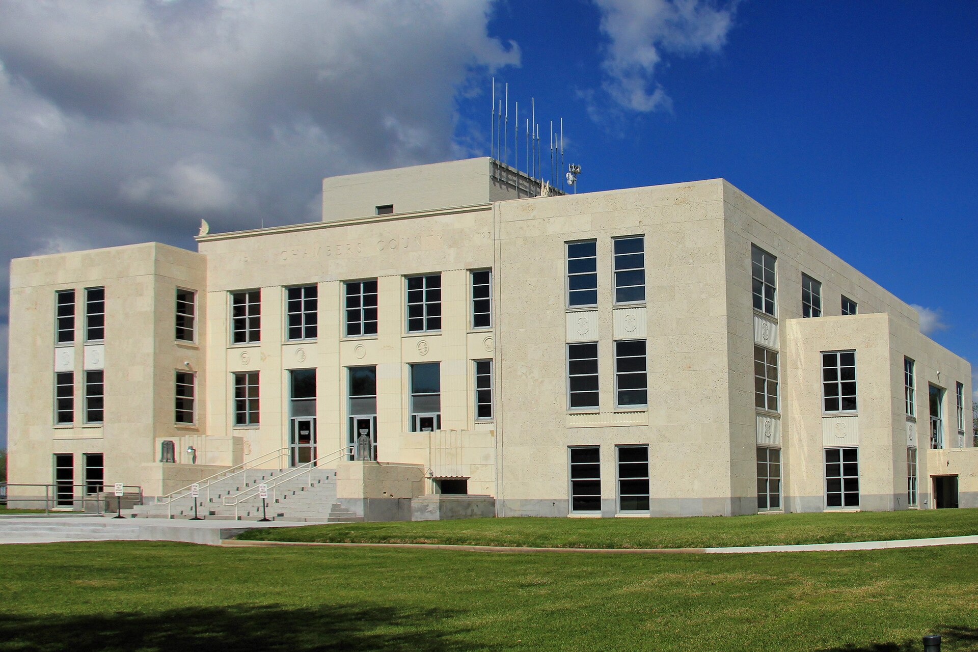 The Chambers County Courthouse in Anahuac, Texas, United States. The limestone courthouse was listed on the National Register of Historic Places on April 25, 2008.