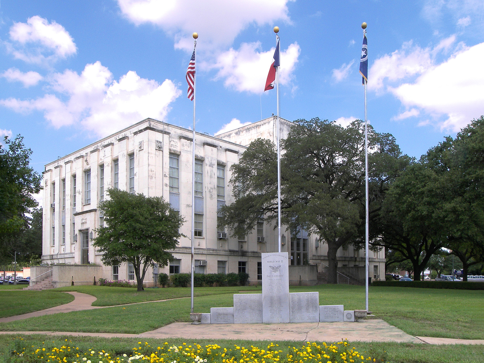 The Falls County Courthouse in Marlin, Texas, United States. The courthouse was listed on the National Register of Historic Places on December 13, 2000.