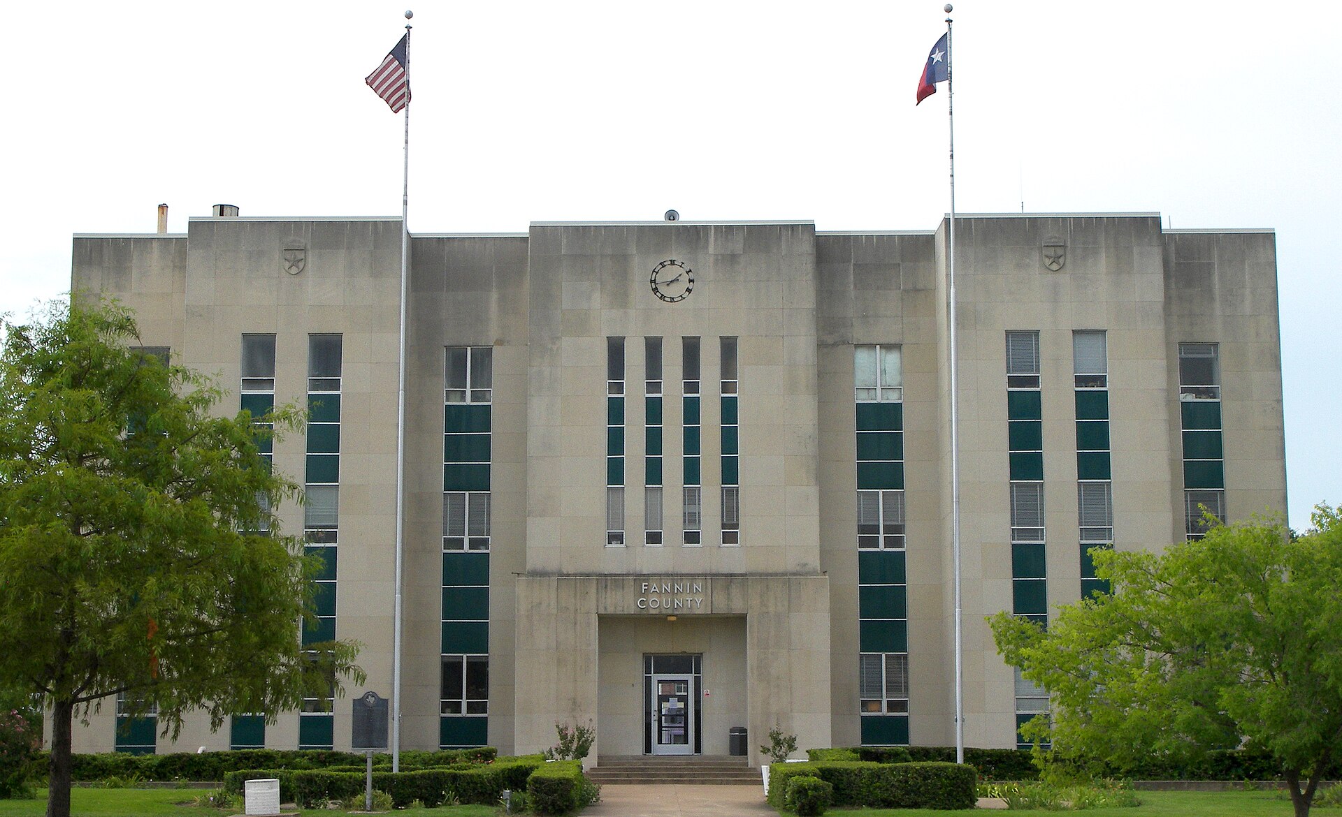 The Fannin County Courthouse located in Bonham, Texas, United States was built in 1889. The courthouse was remodeled in 1929 giving it the current Moderne look.