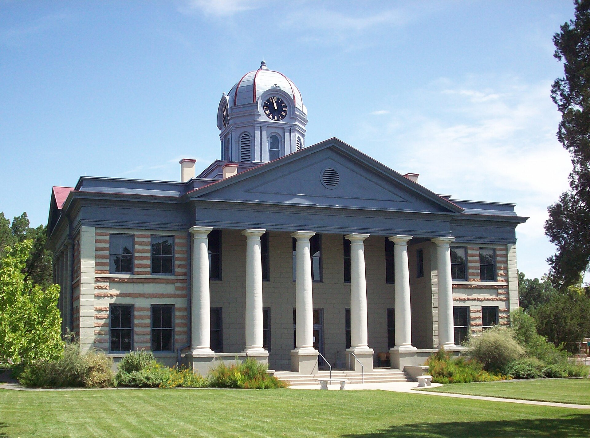 South entrance of the Jeff Davis County Courthouse facing Woodward Ave. in Fort Davis, Texas